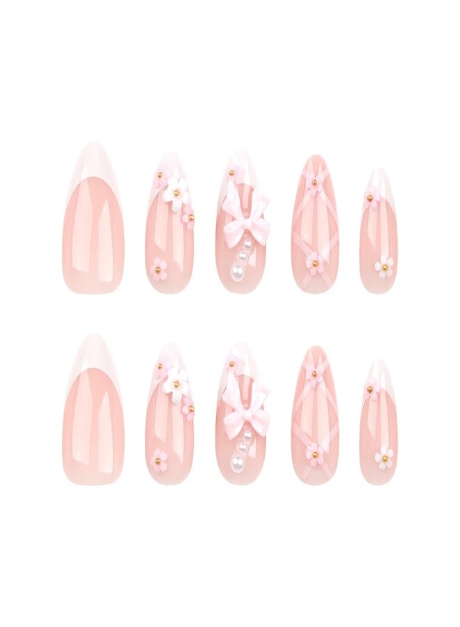 ASONRL ASNORL 24 Pcs Acrylic Press on Nails Almond - Short Medium Pink Bow French Tip False Nails Art with Flower Rhinestones, Glue On Nail Designs Reusable False Nails for Women - Almond Pink Bow - Image 2